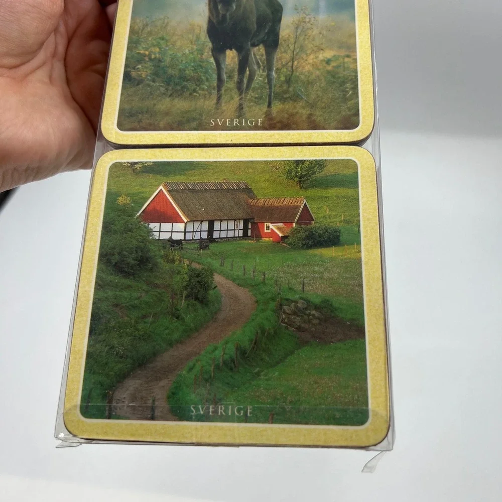 Sweden Sverige Scenic Souvenir Coasters Set of 6 Cork Back Dala Horse Moose New